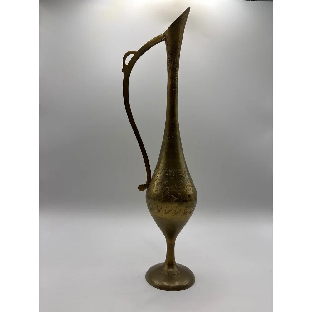 Vintage Etched Brass Aftaba Pitcher Decorative Tall Bud Vase India 11.5 inch